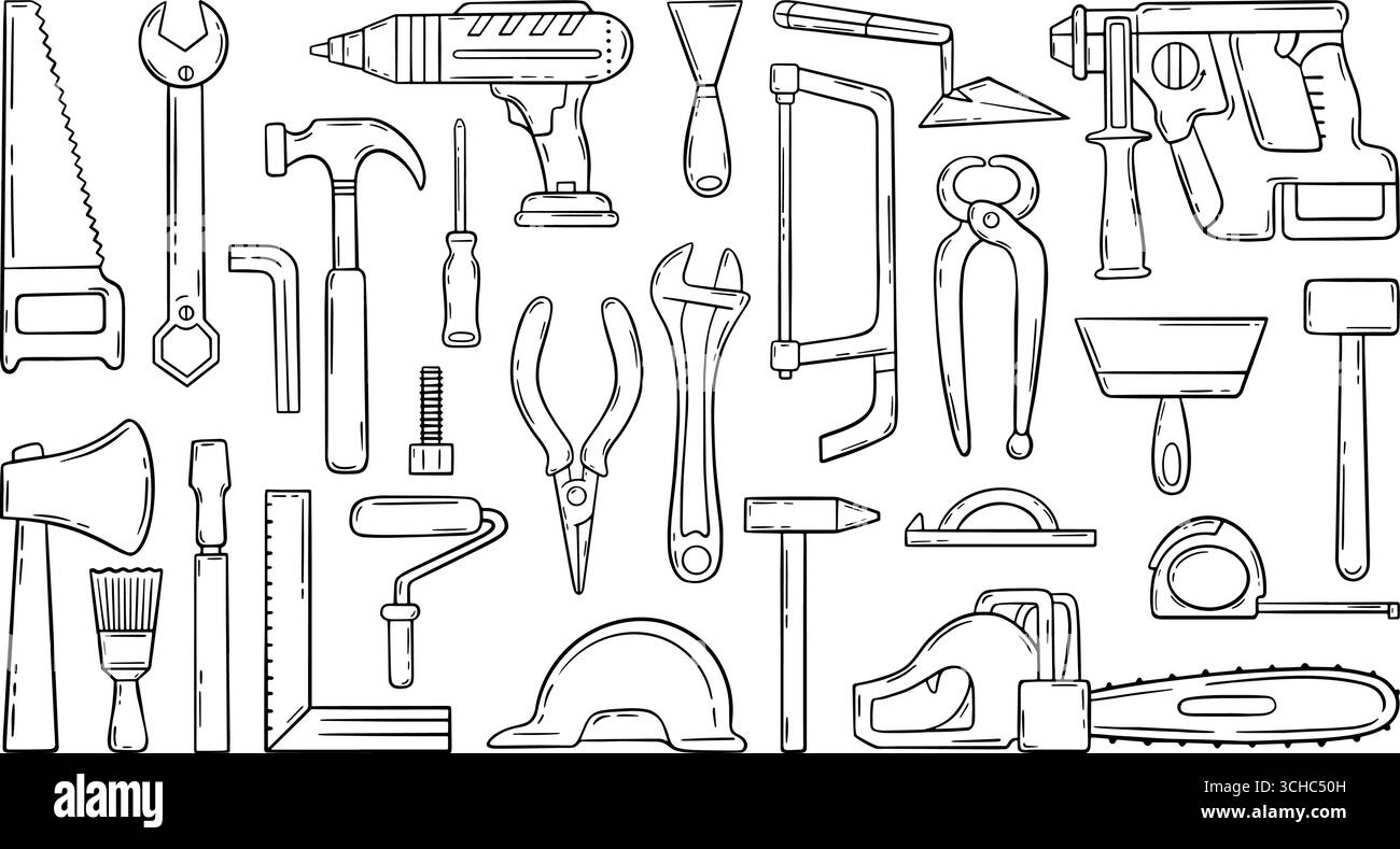 Outils de construction de griffonnage. Outil et équipement de charpentier. Perceuse, scie, hache, rouleau à peindre, clé, règle. Esquisse d'éléments de travail de construction, vue néotérique Illustration de Vecteur