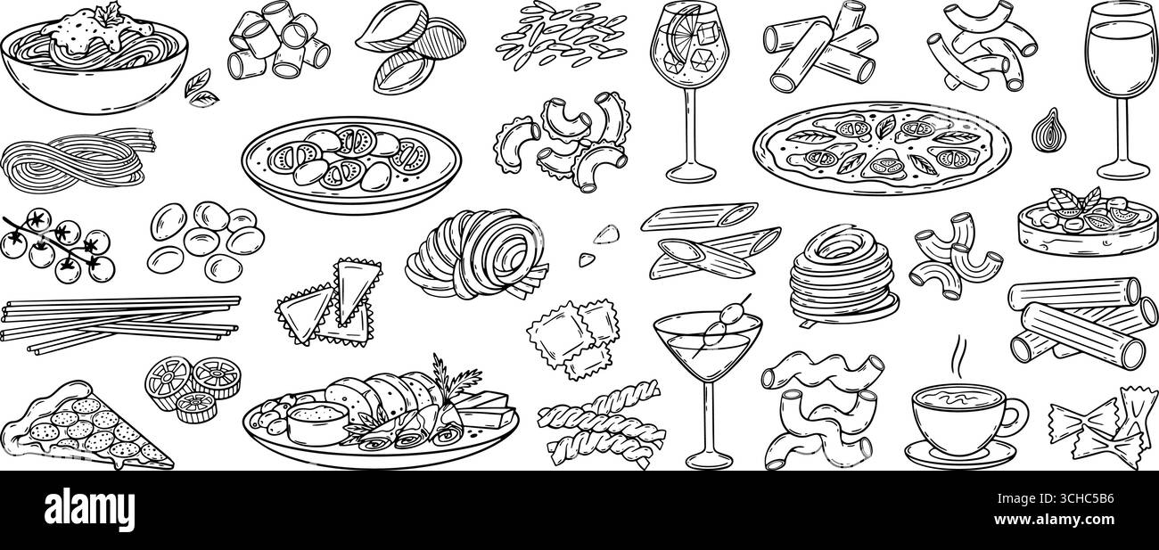Doodle cuisine italienne. Cuisine savoureuse d'italie. Pizza pâtes, fruits de mer, repas et boissons. Plats traditionnels de café ou de restaurant, déjeuner dîner vecteur néotérique Illustration de Vecteur