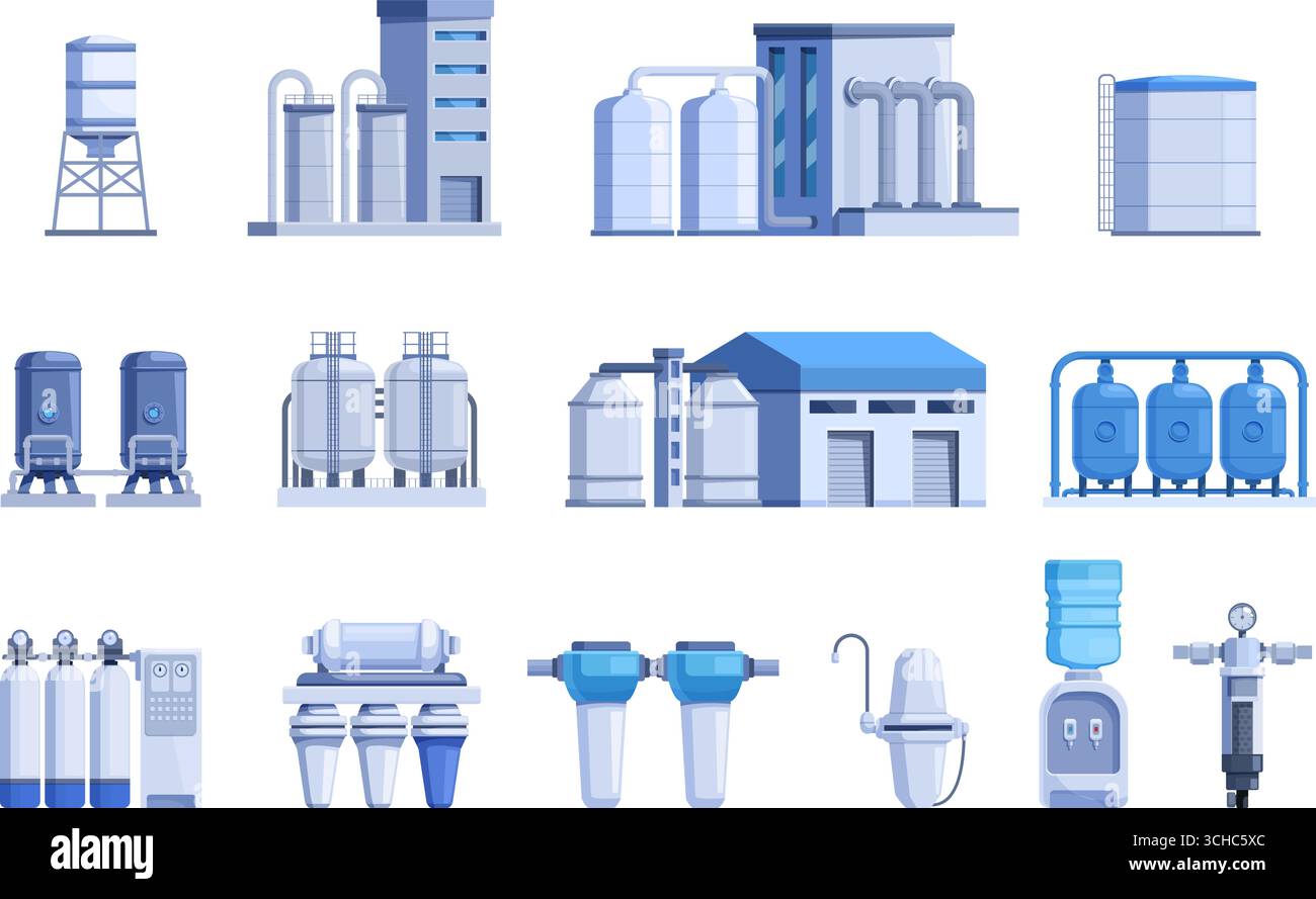 Industrie de purification de l'eau. Usines et système d'ingénierie aqua de filtration. Processus de nettoyage de l'eau, purifier les liquides pour la boisson et l'utilisation, industriel Illustration de Vecteur