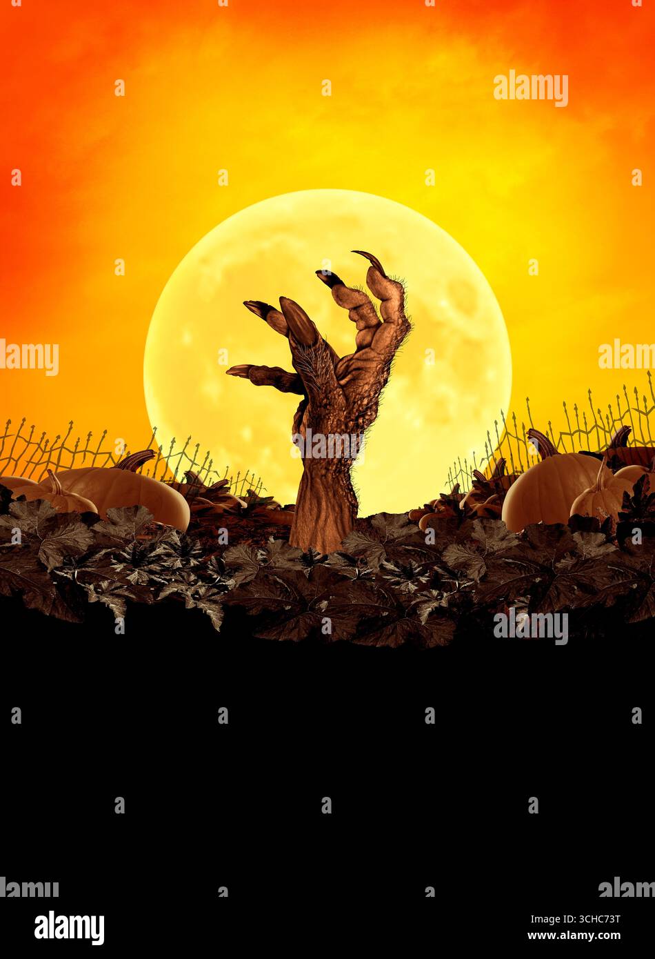 Halloween Night Zombie party fond d'affiche et nuit fête d'automne avec une lune jaune brillante sur un vieux patch de citrouille effrayant grungy comme amonster Banque D'Images