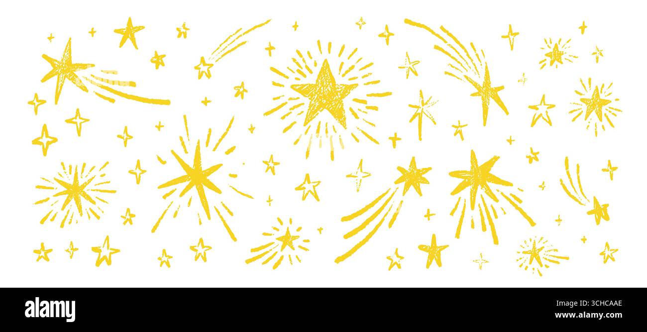 Fond d'étoile jaune cosmique funky dessiné par crayon à la main. Éclatement, explosion, bling, scintillement, reflet, espace, écriture crayon étoile filante, craie scribbl Illustration de Vecteur