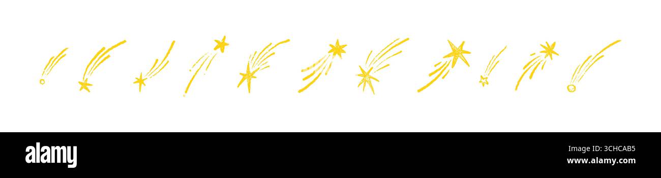 Ensemble de crayon dessiné à la main étoile filante, météore, comète, astéroïde. Mignon enfant gribouille des griffonnages enfantins. Étoiles volantes tombantes. Craie, pastel écolier Illustration de Vecteur