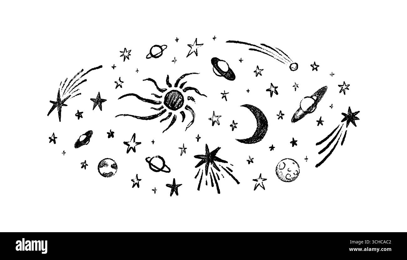 Fond d'espace extra-atmosphérique de charcoal dessiné à la main. Affiche cosmique en crayon. Planètes avec cratère, Terre, Jupiter, Saturne, étoiles filantes, météores, comètes Illustration de Vecteur