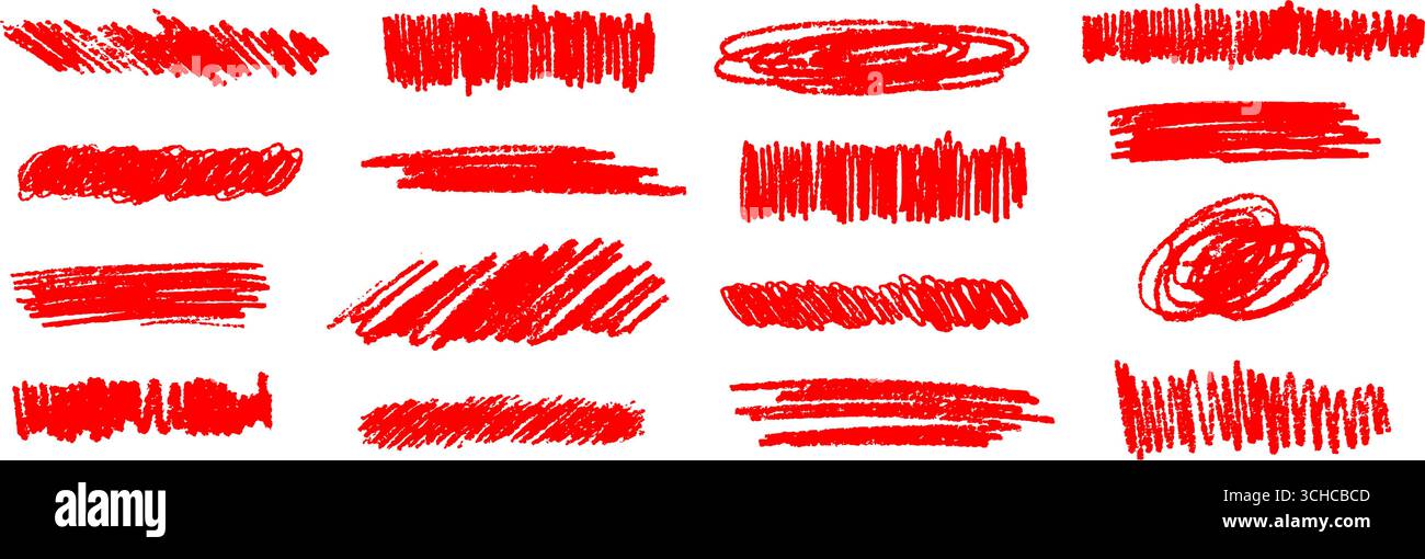 Jeu de formes de pinceau grunge rouge. Collection soulignement et emphase de crayon dessinée à la main. Bouquet de gribouilles et gribouilles pastel mouillées ou sèches. Vecteur craie rugueuse croquis et squiggles croquis et croquis de charbon de bois Illustration de Vecteur