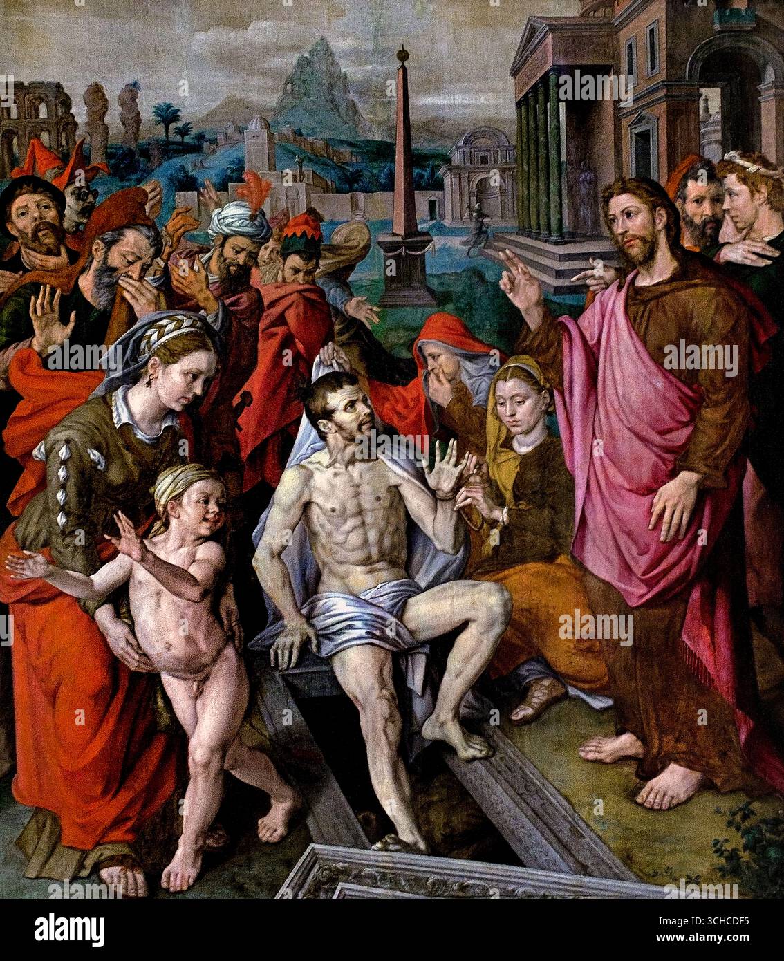 Jan Cornelisz. Vermeyen 1504–1559 Triptyque de la famille Micault. 1539-1559 pays-Bas néerlandais (le panneau central montre l'élévation de Lazare, tandis que les panneaux latéraux présentent des portraits des membres de la famille) le triptyque est remarquable pour ses paysages exotiques et le lien avec la relation de la famille Micault avec les Habsbourg, comme Vermeyen a accompagné l'empereur Charles V à la campagne nord-africaine en 1535. Banque D'Images Jan Cornelisz. Vermeyen 1504–1559 Triptyque de la famille Micault. 1539-1559 pays-Bas néerlandais (le panneau central montre l'élévation de Lazare, tandis que les panneaux latéraux présentent des portraits des membres de la famille) le triptyque est remarquable pour ses paysages exotiques et le lien avec la relation de la famille Micault avec les Habsbourg, comme Vermeyen a accompagné l'empereur Charles V à la campagne nord-africaine en 1535. Banque D'Images