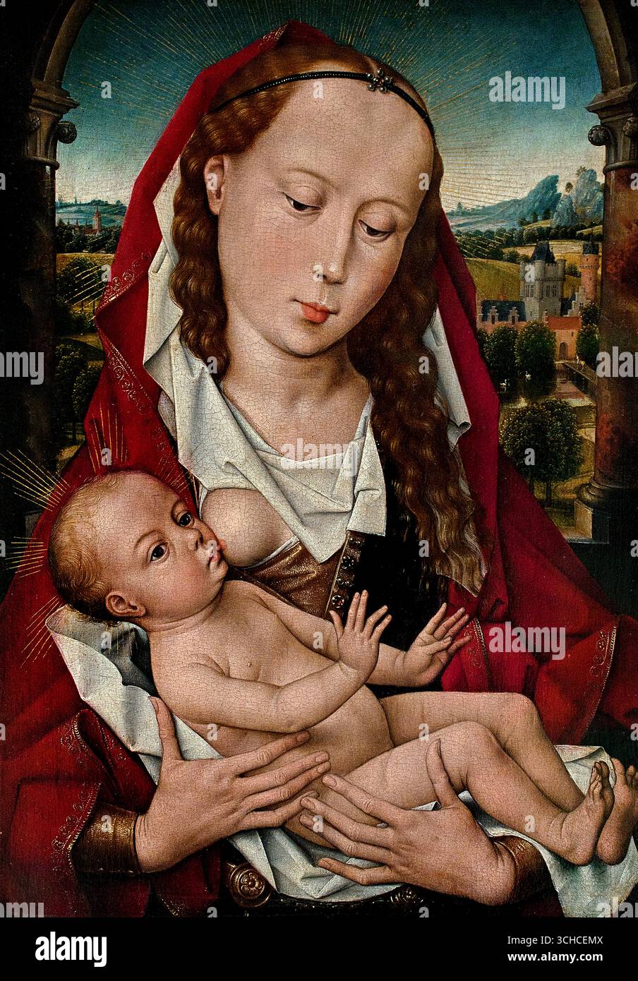 Madone and Child 1467 Hans Memling 1430 – 1494 Musée allemand de l'Allemagne ( Hans Memling était l'un des artistes néerlandais les plus importants et les plus productifs de la fin du XVe siècle.) Peintres de la Renaissance du Nord (également connus sous le nom de primitifs flamands), qui ont développé la représentation réaliste des figures humaines, des constructions architecturales et des paysages Banque D'Images