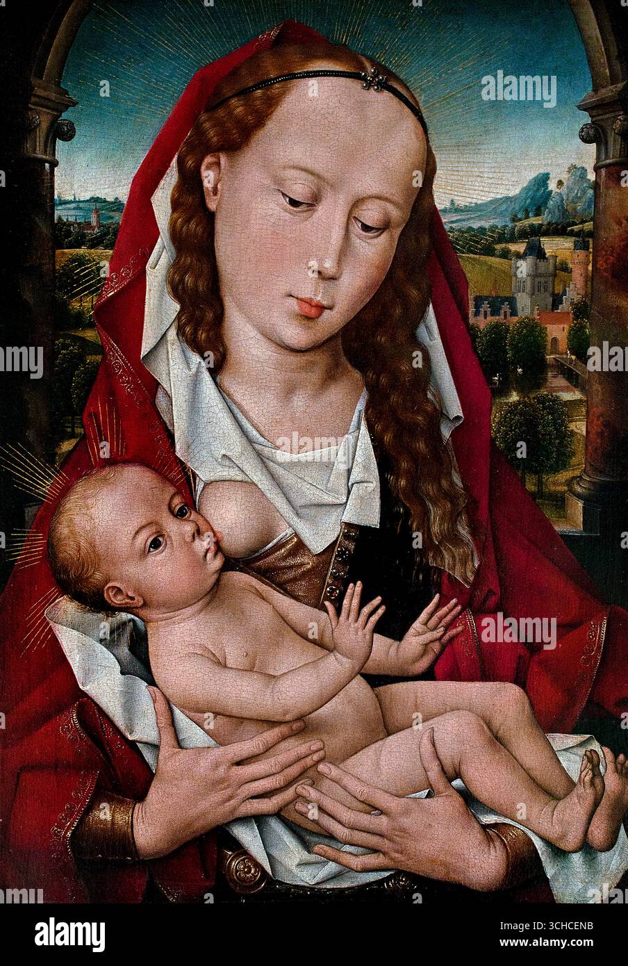 Madone and Child 1467 Hans Memling 1430 – 1494 Musée allemand de l'Allemagne ( Hans Memling était l'un des artistes néerlandais les plus importants et les plus productifs de la fin du XVe siècle.) Peintres de la Renaissance du Nord (également connus sous le nom de primitifs flamands), qui ont développé la représentation réaliste des figures humaines, des constructions architecturales et des paysages Banque D'Images