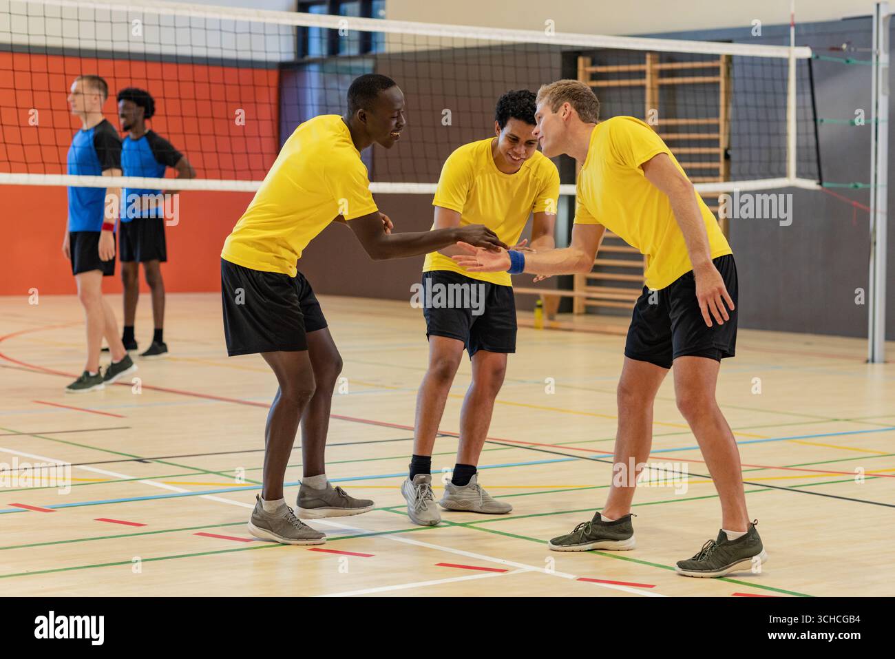 Divers coéquipiers masculins de volley-ball dans des chemises jaunes célébrant le point au filet sur le terrain de gymnastique. Travail d'équipe, esprit sportif, athlétique, compétition, vitalité, env Banque D'Images Divers coéquipiers masculins de volley-ball dans des chemises jaunes célébrant le point au filet sur le terrain de gymnastique. Travail d'équipe, esprit sportif, athlétique, compétition, vitalité, env Banque D'Images