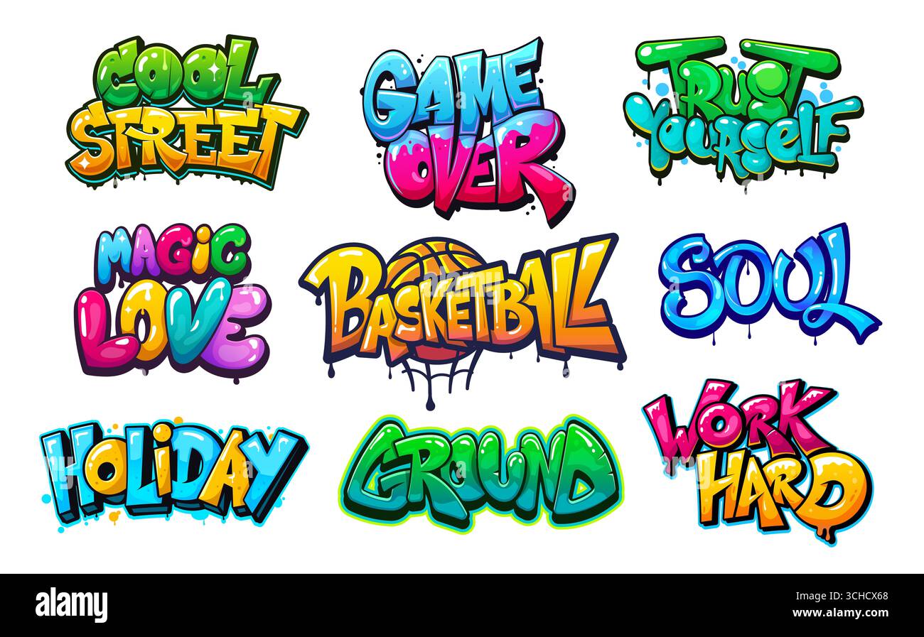 Mur Street art graffiti funky peintures avec des mots de motivation audacieux comme Game Over, soul, basketball, vacances, faites confiance. Phrases colorées vectorielles Banque D'Images