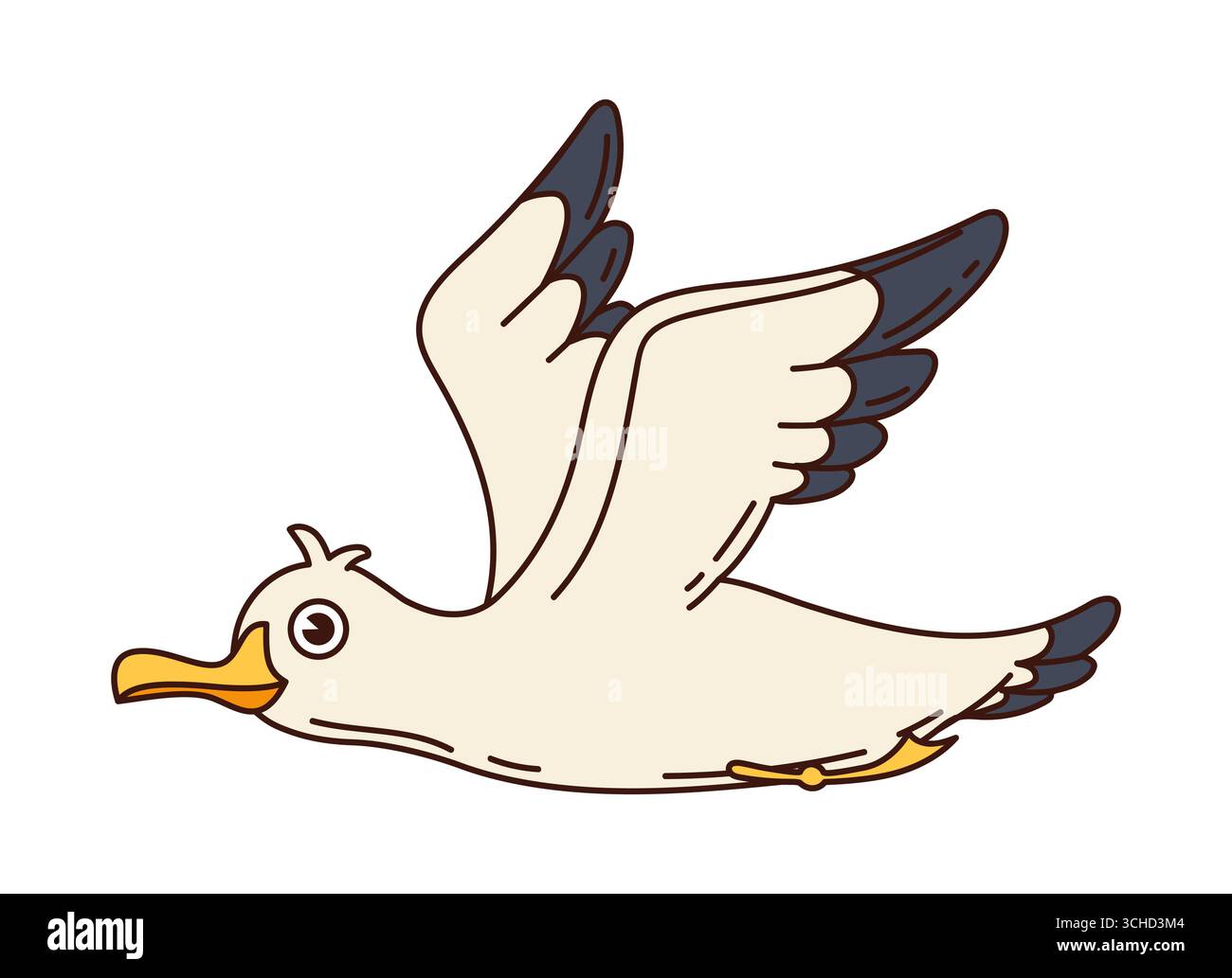 Cartoon groovy mouette oiseau avec des plumes blanches, des bouts d'aile gris et un bec jaune s'élève à mi-vol avec des ailes étendues large, créant un sentiment de liberté et de mouvement. Personnage de mouette aviaire vecteur isolé Illustration de Vecteur