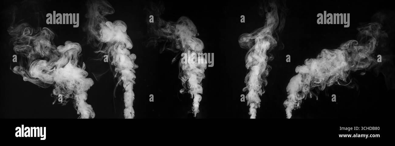 Collection de traînées de vapeur isolées sur un fond noir. Textures de fumée et de vapeur variées pour ajouter des effets atmosphériques Banque D'Images