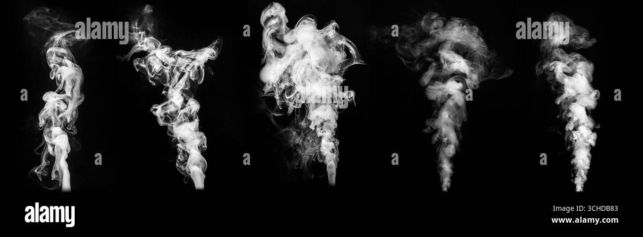 Collection de traînées de vapeur isolées sur un fond noir. Textures de fumée et de vapeur variées pour ajouter des effets atmosphériques Banque D'Images
