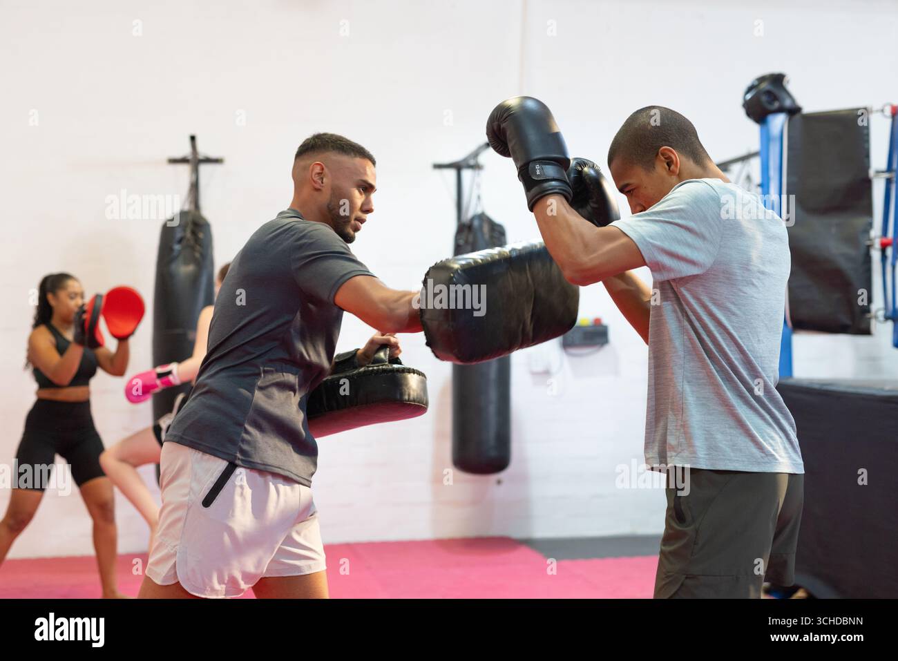 Les partenaires de cours de boxe s'entraînent sur des tapis rembourrés rouges dans la salle de gym avec des moufles Focus et des sacs de punching Banque D'Images