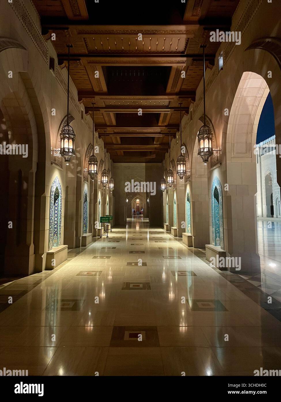 Intérieur de la Grande Mosquée du Sultan Qaboos à Mascate, Oman, présentant des colonnes de marbre et un design de dôme complexe. Banque D'Images
