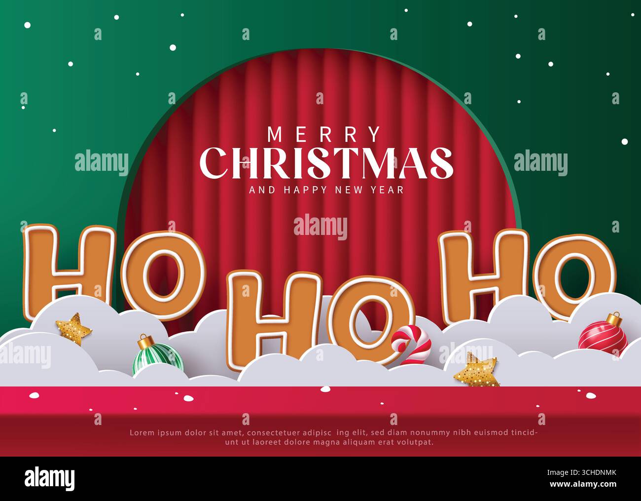 Clipart de Noël des fêtes avec lettrage Ho Ho Ho, neige, étoiles et ornements festifs colorés Illustration de Vecteur