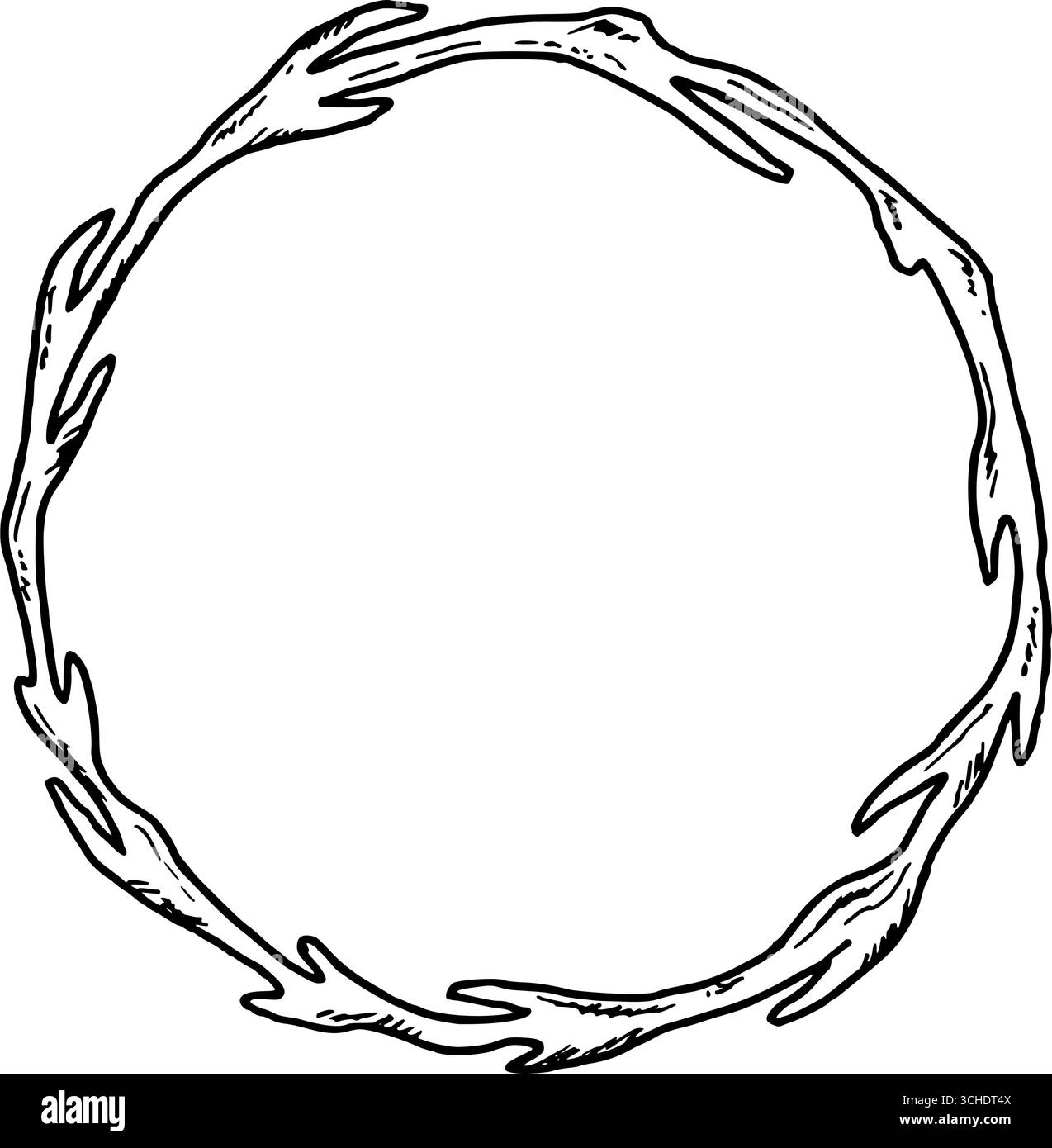 Cadre rond en bois. Illustration vectorielle botanique. Graphique noir simple dessiné à la main dans le style doodle. Dessin de contour pour la conception d'emballage de rustique Illustration de Vecteur