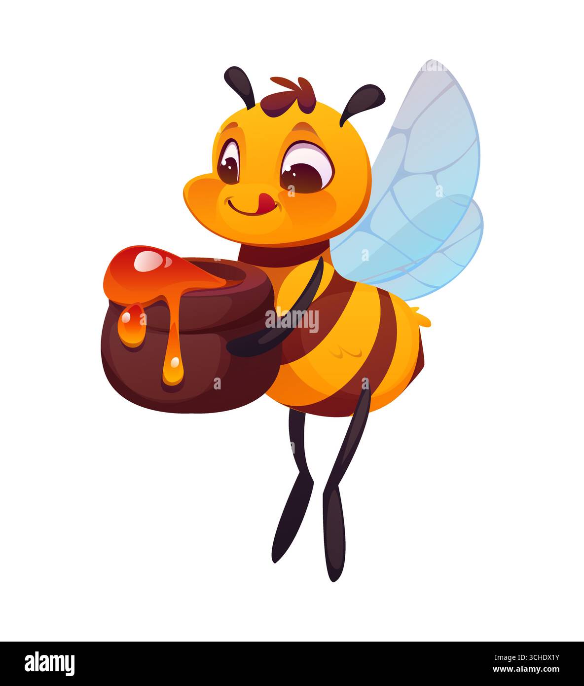 Personnage d'abeille de miel de dessin animé volant avec pot de miel dans les pattes, souriant et léchant avec de grands yeux et des ailes battantes. Insecte de jardin vecteur mignon livrant une friandise sucrée respire le charme printanier et la convivialité Illustration de Vecteur