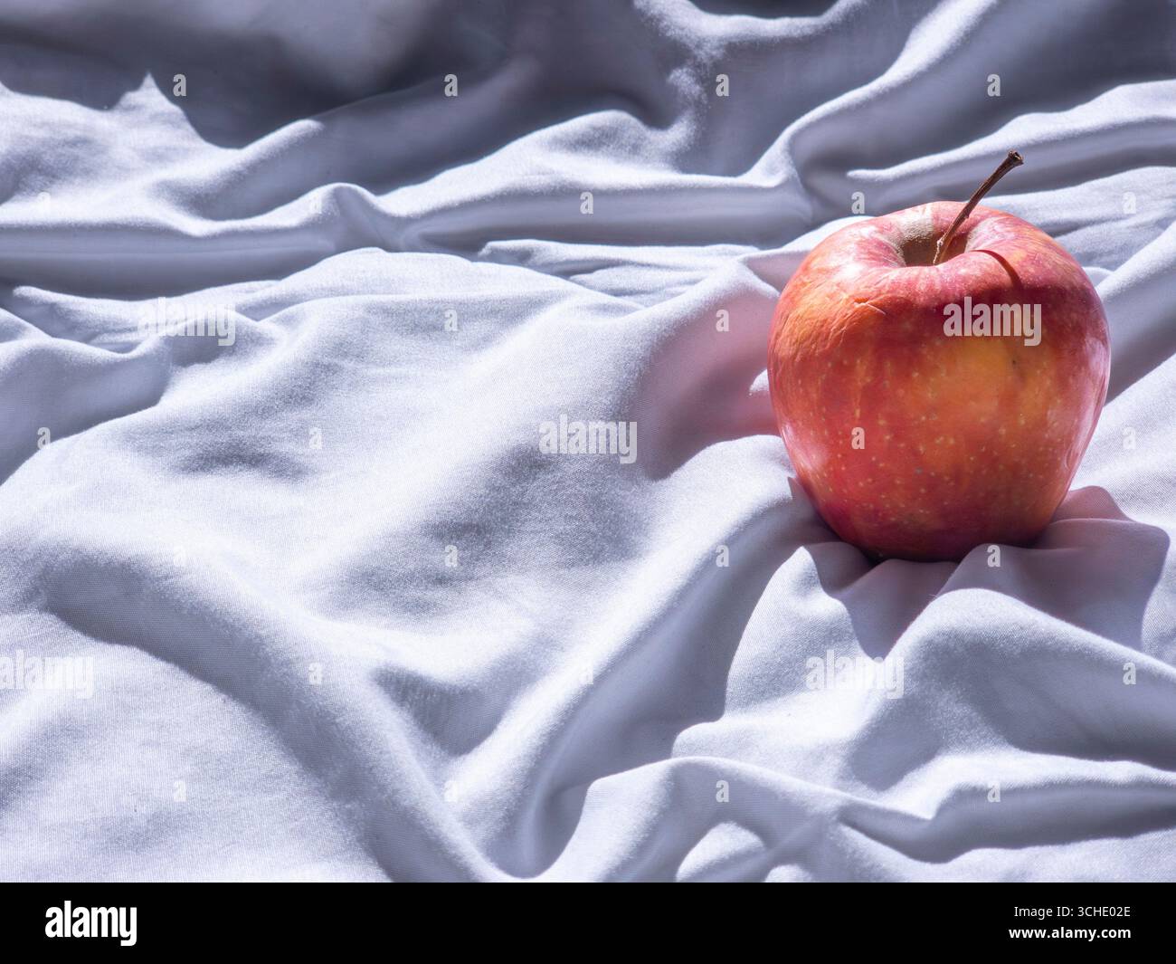 La lumière du soleil qui traverse une fenêtre met en valeur une pomme rouge vibrante reposant sur un lit moelleux de draps blancs doux, créant un atmos tranquille et accueillant Banque D'Images