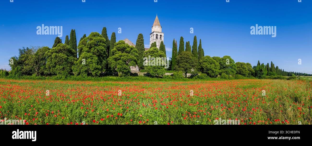 Vue panoramique sur la Basilique di Santa Maria Assunta in Aquileia, construite au XIe siècle et faisant partie des sites du patrimoine mondial de l'UNESCO. Banque D'Images