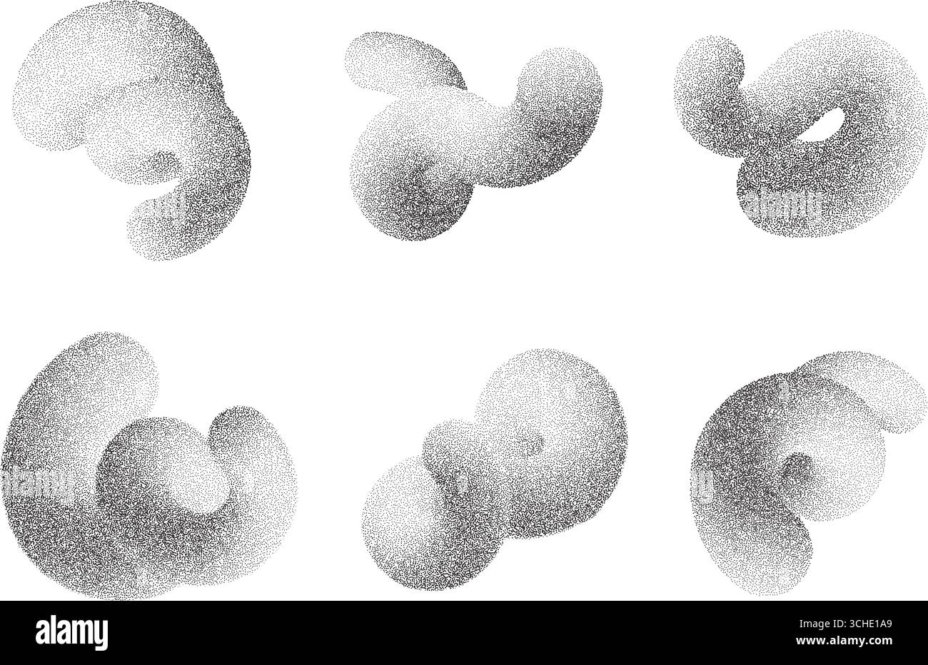 Formes de dégradé abstraites. Lignes 3D et éléments ondulés sur fond blanc. Motifs granuleux organiques fluides avec texture sablonneuse. Spirales à pointillés Swoosh Illustration de Vecteur