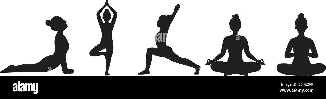Yoga poses silhouettes ensemble diverses figures pratique du yoga icônes exercices de bien-être méditer et étirer Yoga Illustration de Vecteur