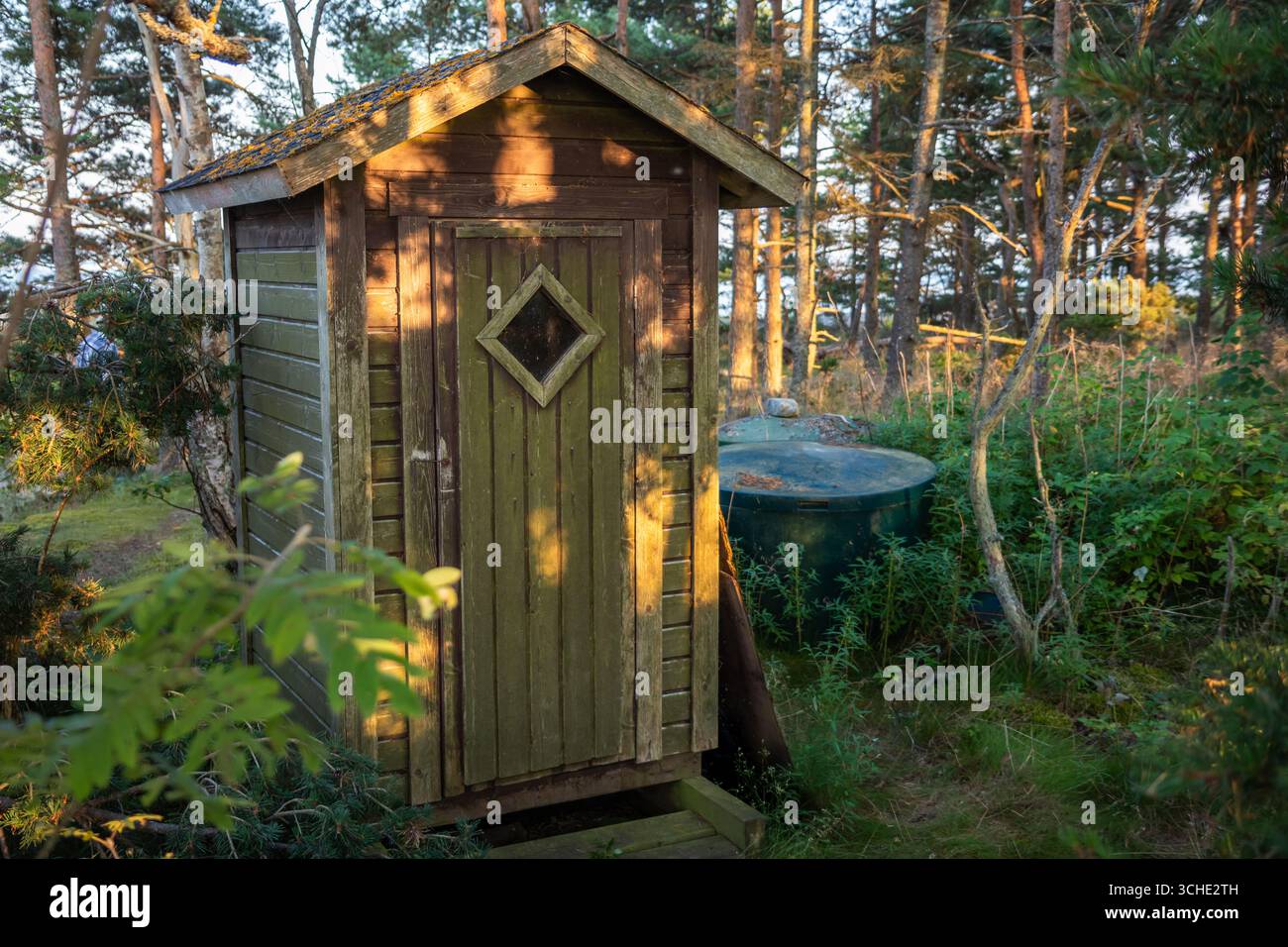 Cabine de toilette écologique en compost en bois dans la forêt finlandaise, promouvant la protection de la nature, le tourisme durable et le respect du Nord fragile Banque D'Images