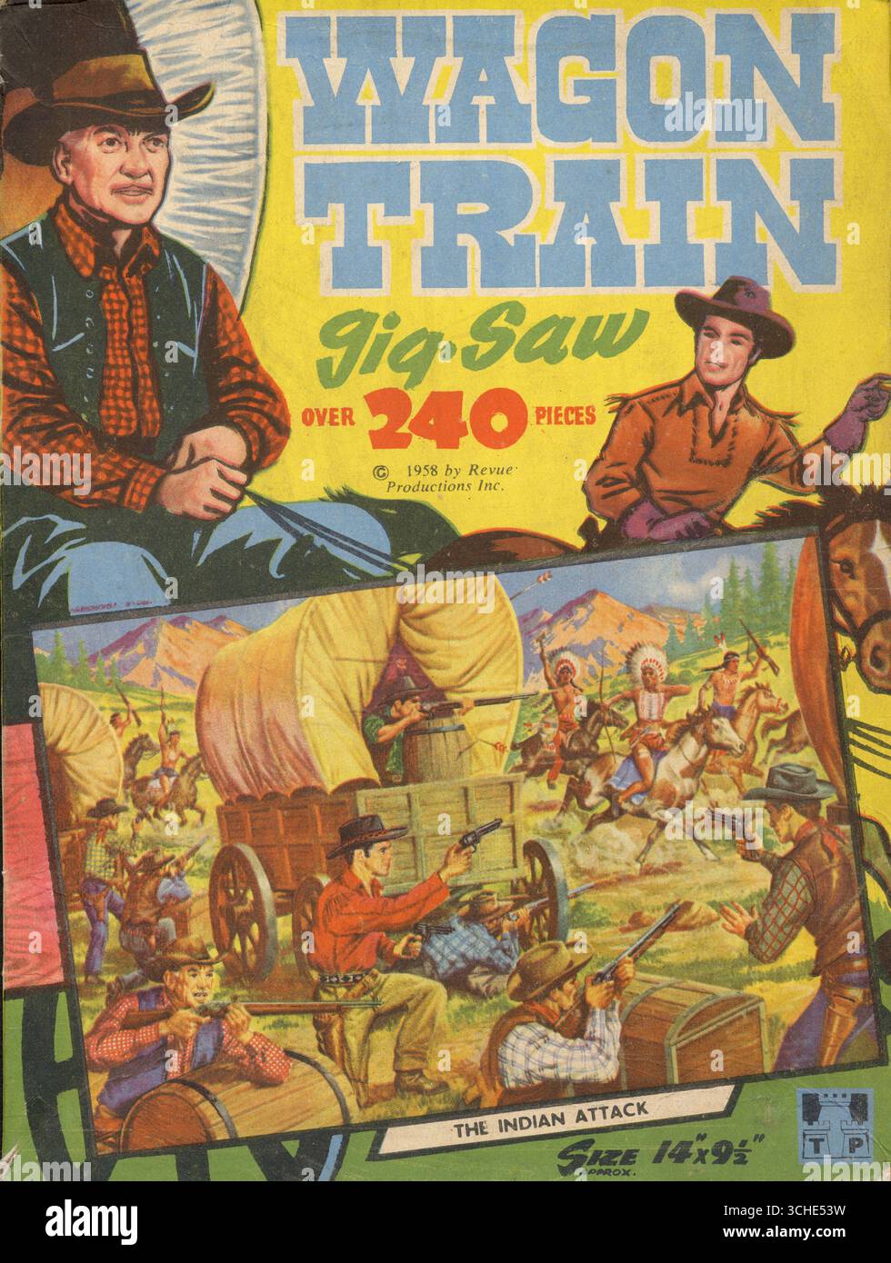 Série télévisée Wagon train (1957 à 1962). Jigsaw basé sur les personnages, sorti en 1958, publié par la firme britannique Tower Press. L'un d'un ensemble de quatre tableaux. L'attaque indienne montre des cow-boys abrités derrière encerclés et tirant sur les Indiens attaquants à cheval. Jouets pour enfants, cinquante ans. Les puzzles liés aux personnages de la télévision, en particulier les émissions américaines, étaient très populaires dans les années cinquante et soixante en Grande-Bretagne. Banque D'Images