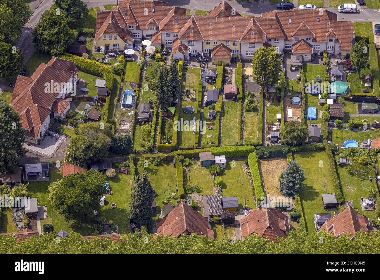 Vue aérienne, logement des mineurs Teutoburgia avec toits rouges, maisons et jardins, Boernig, Herne, Ruhr, Rhénanie du Nord-Westphalie, Allemagne, ouvrier Banque D'Images