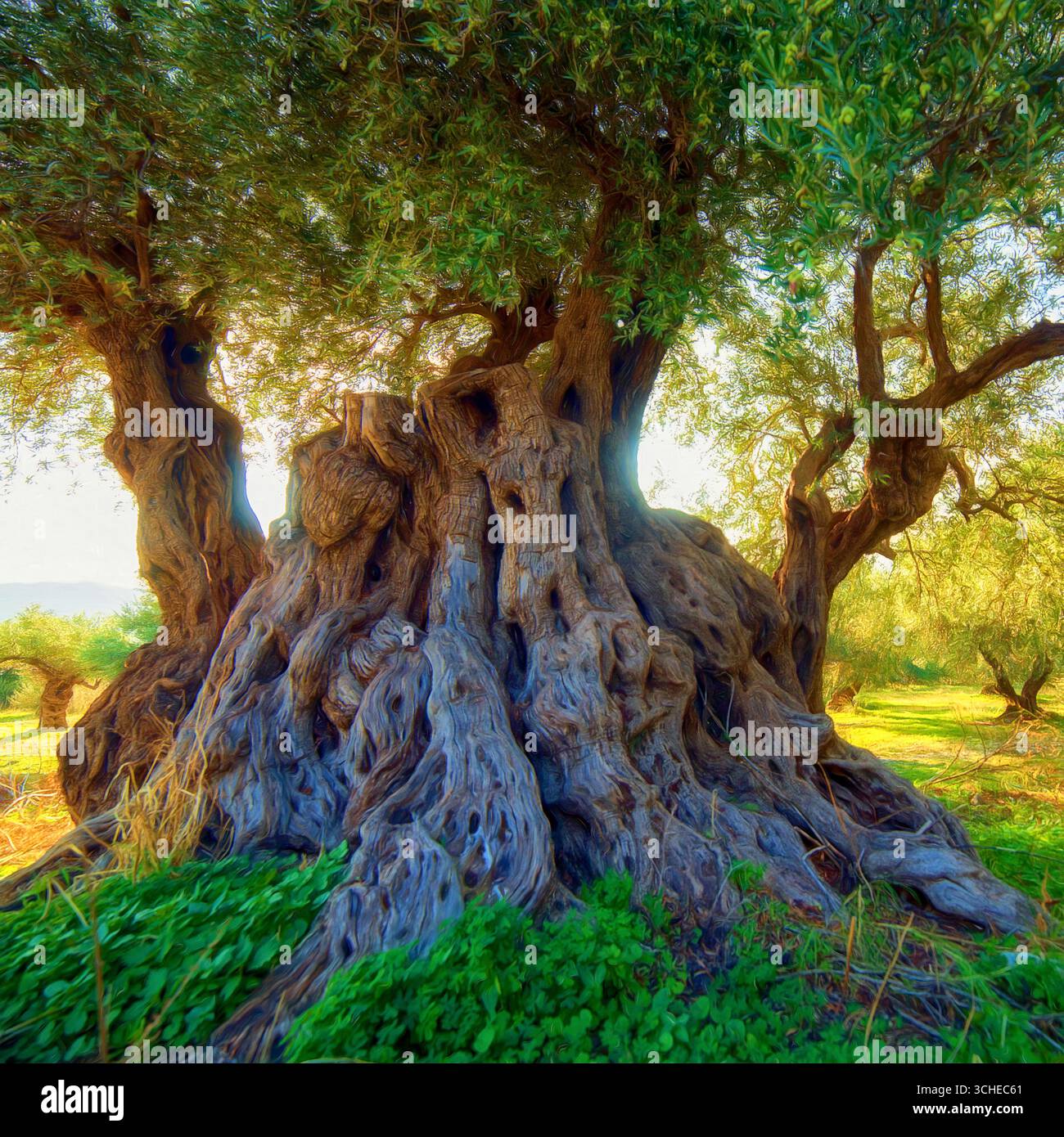 Majestueux oliviers anciens dans un paysage grec ensoleillé de Crète Banque D'Images