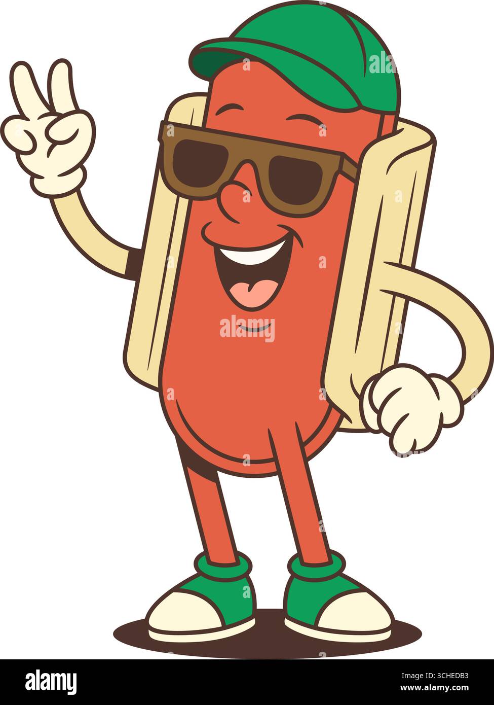 Mascotte de hotdog avec un sourire confiant, une casquette verte et un geste de signe de paix, rayonnant une attitude estivale fraîche. Idéal pour l'image de marque décontractée, camp de rue amusant Illustration de Vecteur