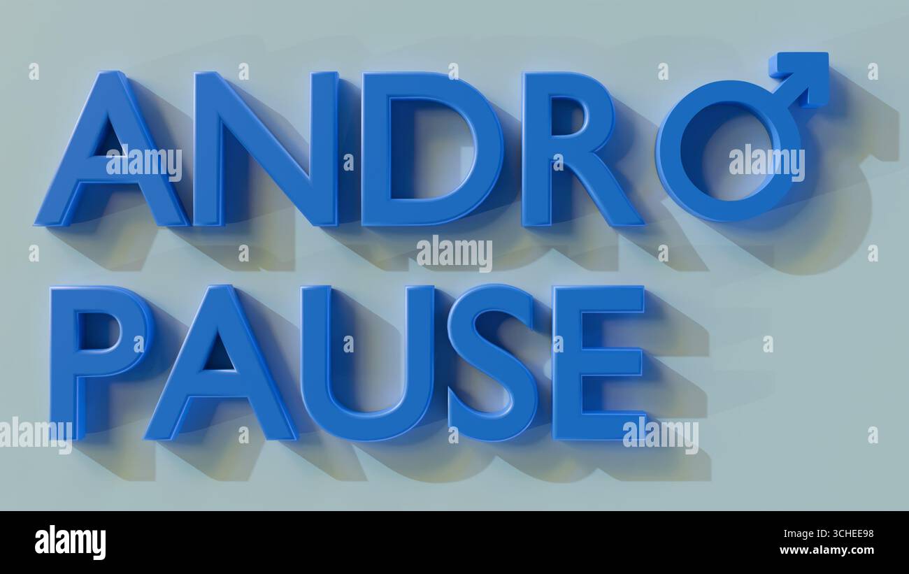 Un rendu 3D du mot 'ANDROPAUSE' en majuscules. Une caractéristique importante est l'utilisation du symbole de sexe masculin. Banque D'Images