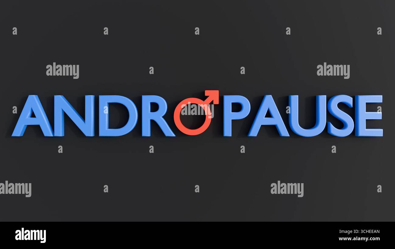Un rendu 3D du mot 'ANDROPAUSE' en majuscules. Une caractéristique importante est l'utilisation du symbole de sexe masculin. Banque D'Images