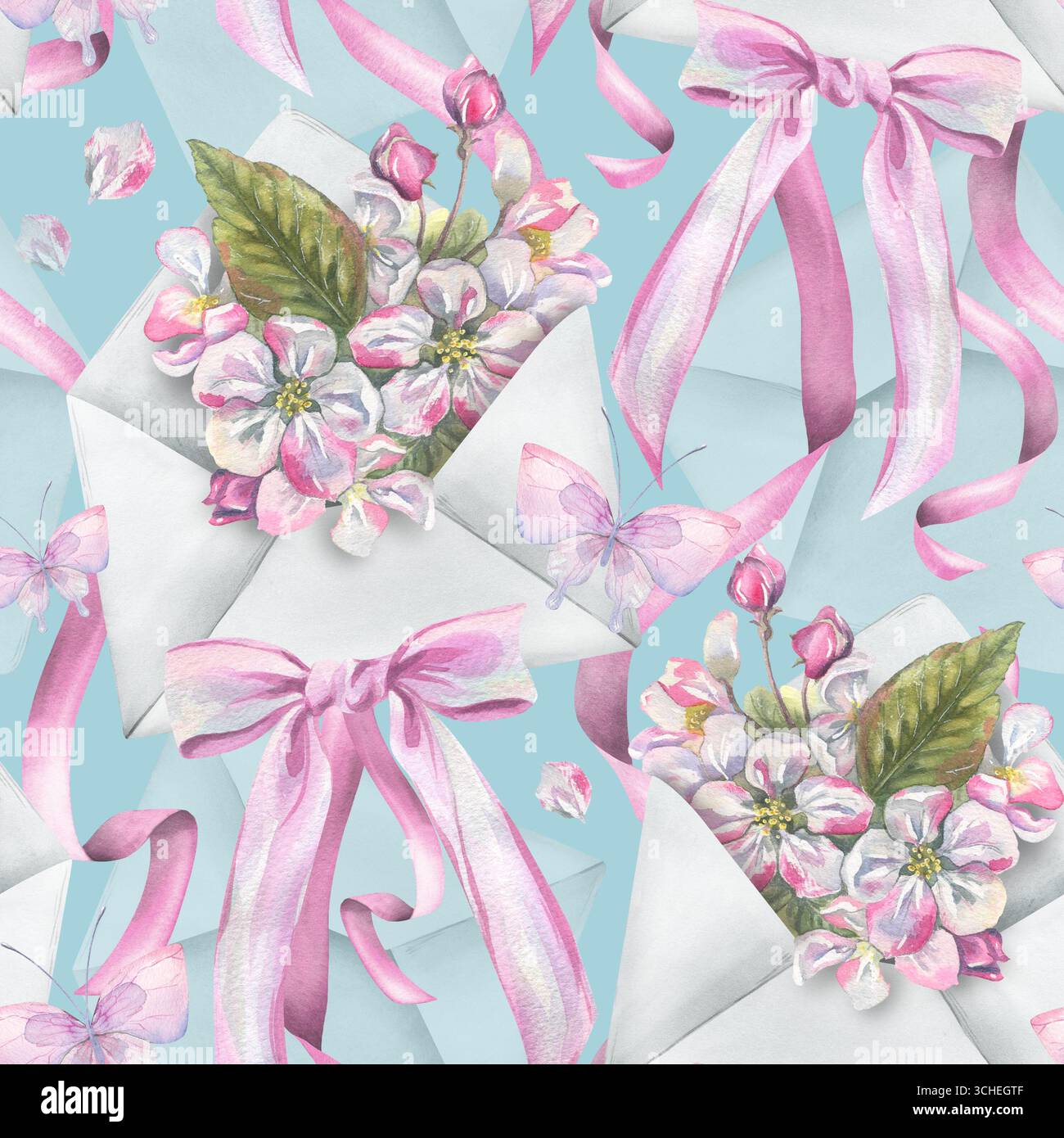 Fleur de pomme dans des enveloppes avec des rubans roses et des noeuds, motif sans couture sur fond bleu illustration d'aquarelle dessinée à la main, parfait pour romantique Banque D'Images