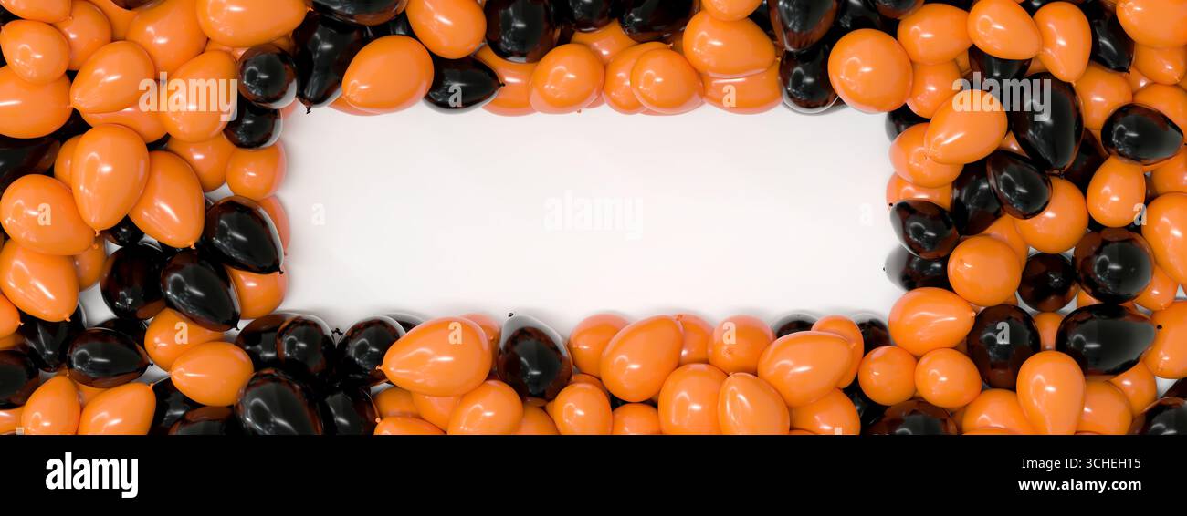 cadre avec espace vide blanc vierge, entouré de ballons colorés d'halloween - rendu 3d. Banque D'Images