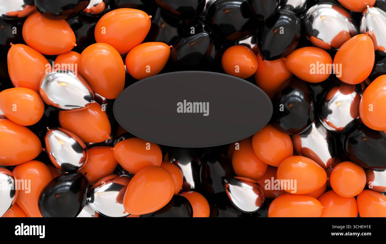 cadre avec espace vide blanc vierge, entouré de ballons colorés d'halloween - rendu 3d. Banque D'Images