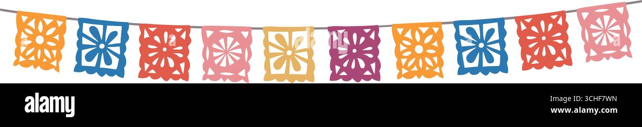 Guirlande découpée décorative colorée. Dia de los Muertos, Journée mexicaine des morts. Drapeaux de banderole en papier d'Halloween, papel picado. Main vectorielle isolée Illustration de Vecteur