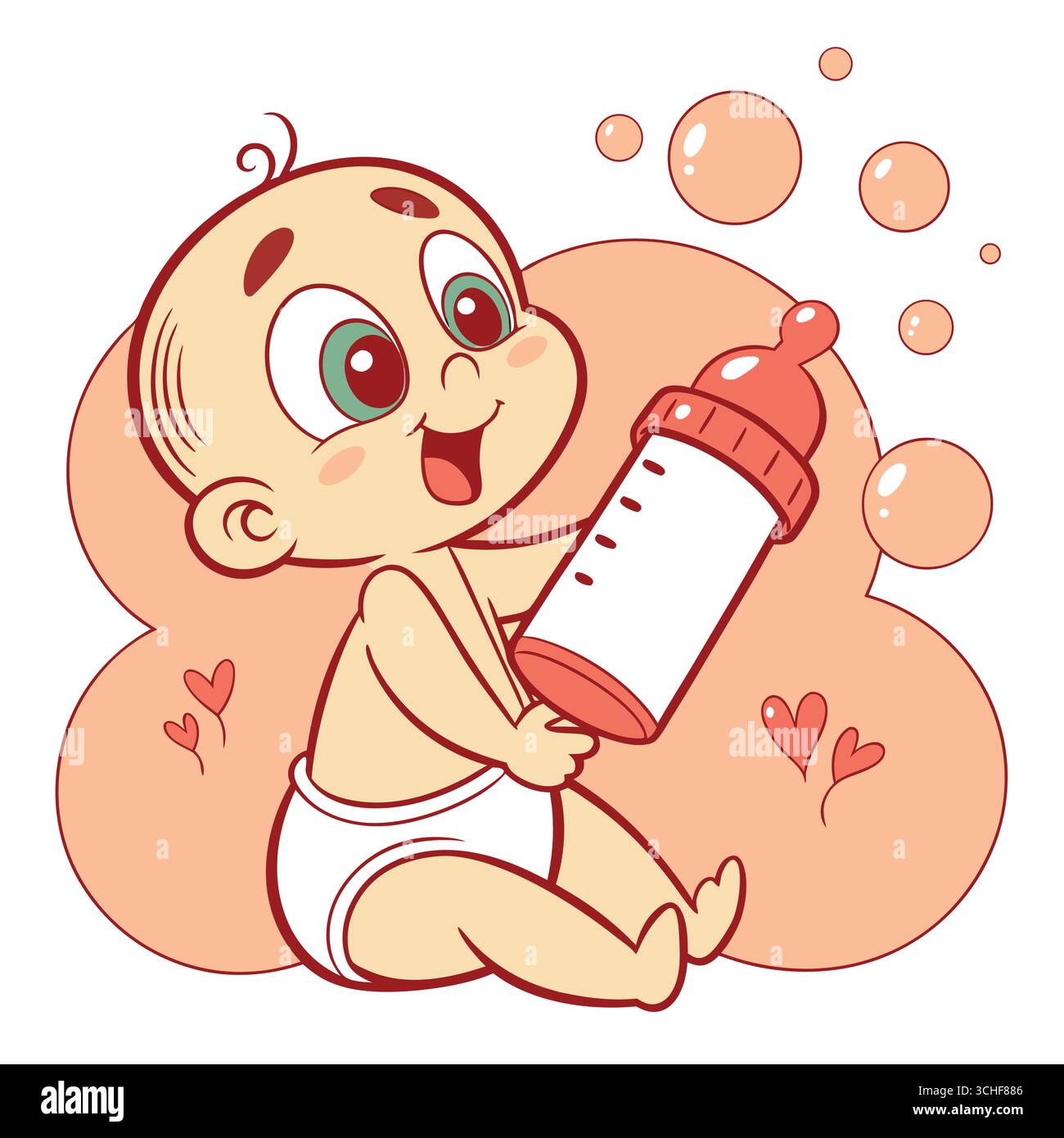 Cute Baby Holding Milk Bottle – bébé de dessin animé souriant dans une couche avec des coeurs et des bulles, illustration vectorielle Illustration de Vecteur