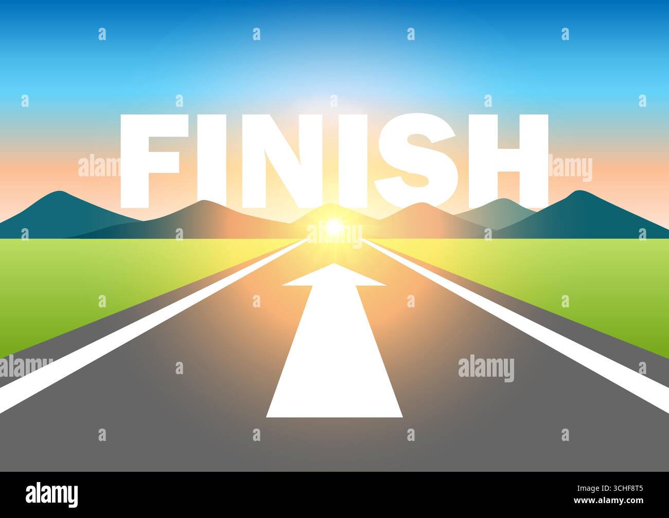 Terminer. Finition écrite sur la route asphaltée à Beautiful Sunrise and Mountain. En route vers la fin. Illustration vectorielle. Illustration de Vecteur