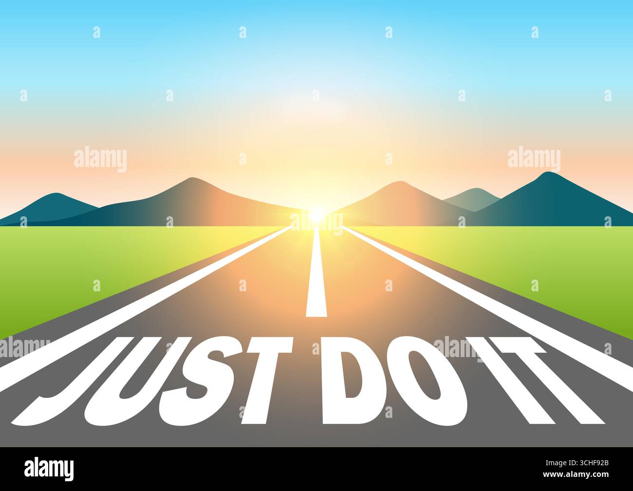 Fais-le, tout simplement. Il suffit de le faire écrit sur la route asphaltée à Beautiful Sunrise and Mountain. Route pour le faire. Illustration vectorielle. Illustration de Vecteur