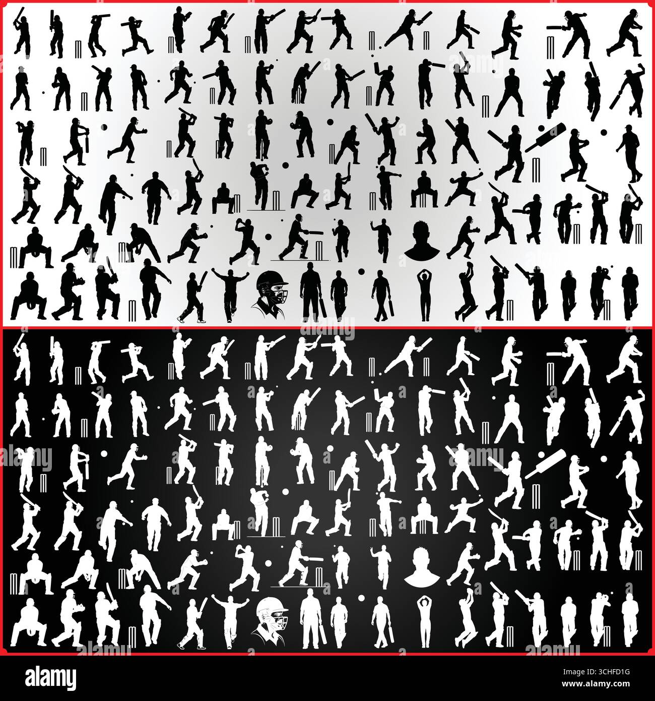 Une collection de silhouettes de joueurs de cricket en noir et blanc montrant diverses actions et poses exposées Illustration de Vecteur