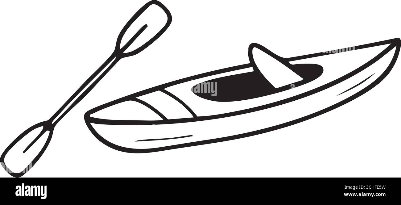 Un kayak compact est esquissé avec une seule pale suggérant des aventures en rivière ou en lac. Illustration de Vecteur
