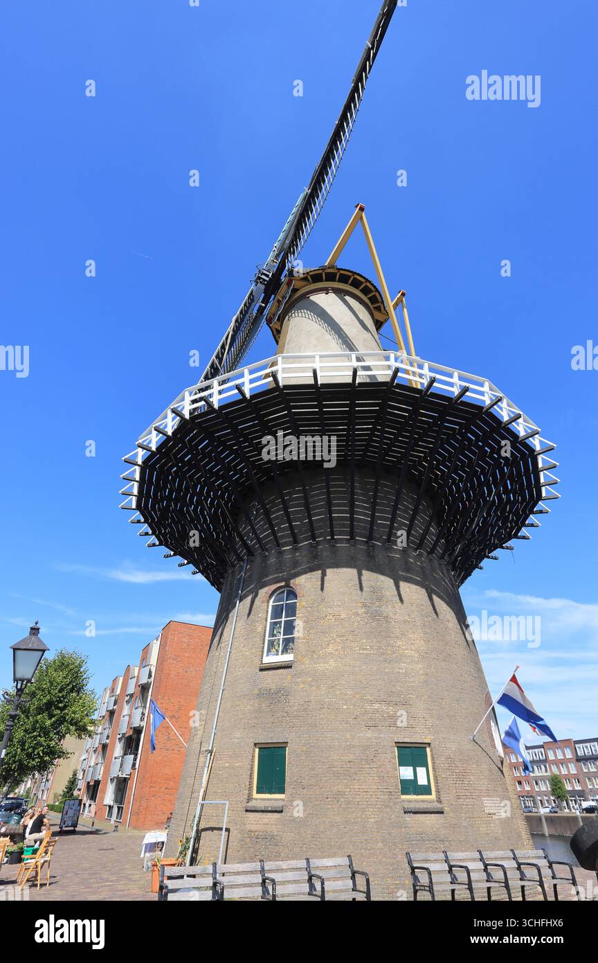 Moulin à vent hollandais traditionnel sur le canal Aelbrechtskolk, Korenmolen de Distilleerketel, construit en 1727 pour moudre le maïs et le malt pour les distilleries locales. Banque D'Images