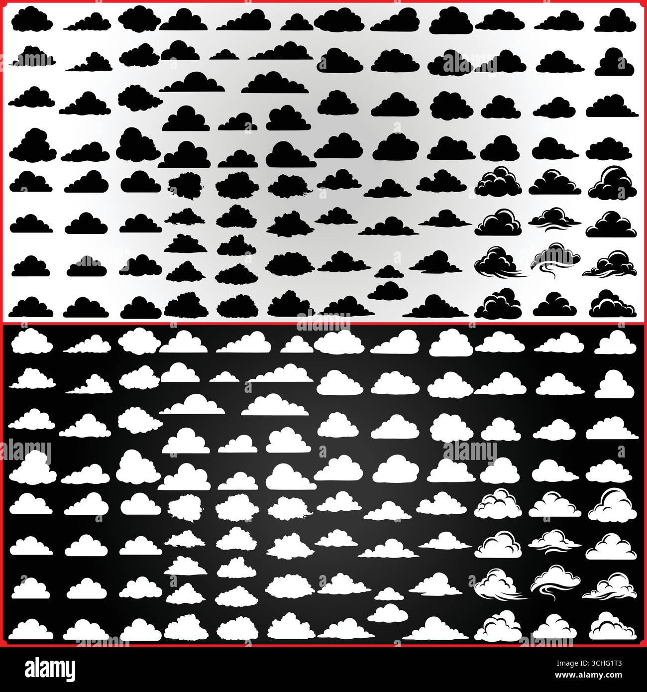 Collection d'illustrations de nuages en noir et blanc de différentes formes et styles sur des arrière-plans contrastés Illustration de Vecteur