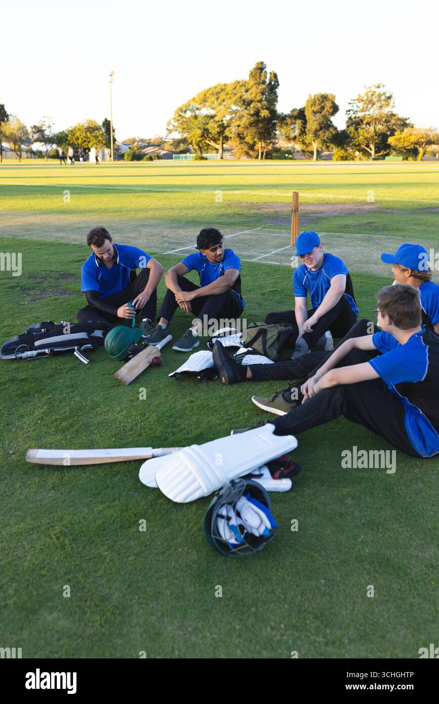Divers coéquipiers masculins organisant des battes de cricket par souches tout en portant des maillots bleus sur le terrain Banque D'Images