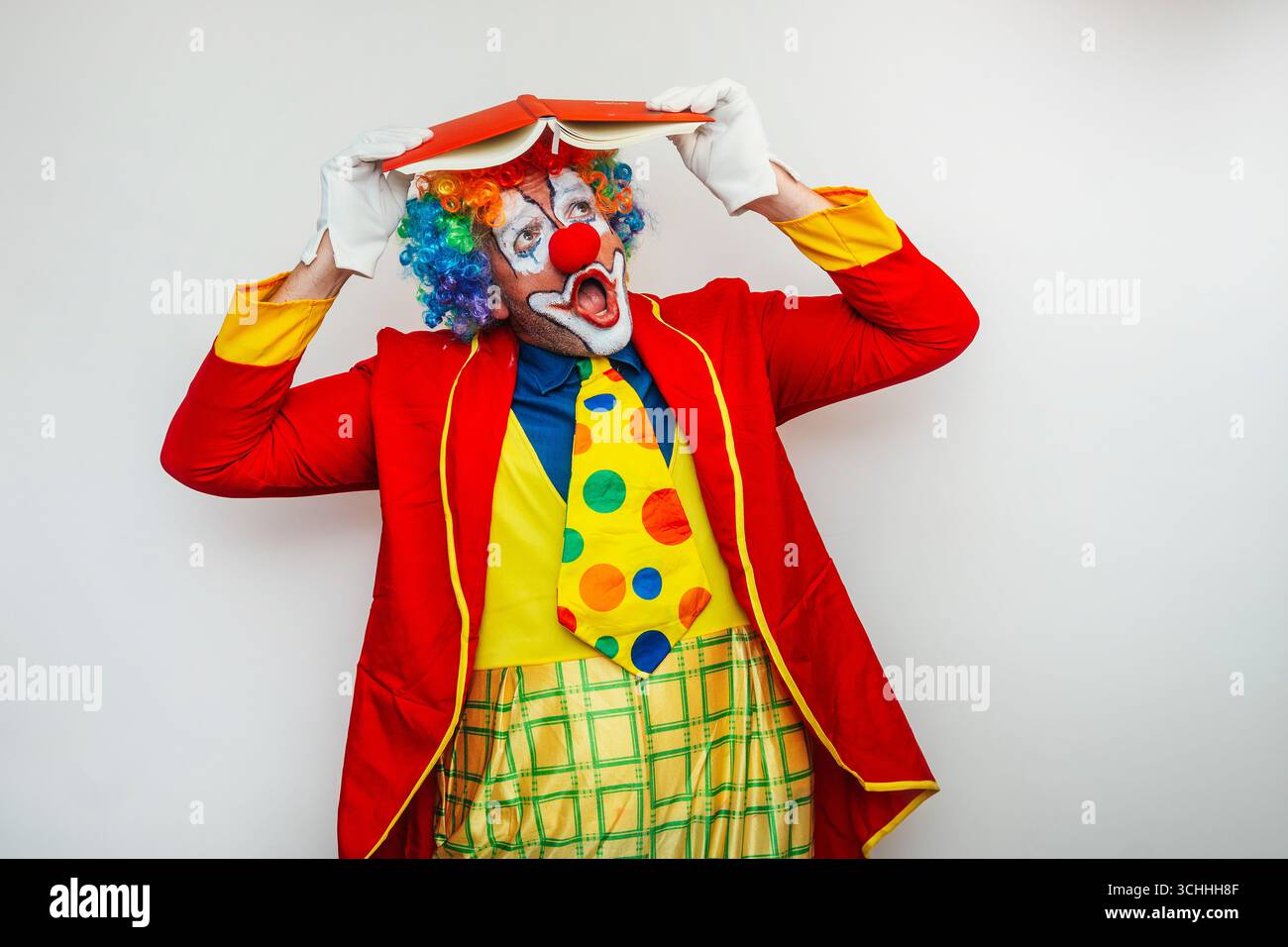 Clown avec livre ouvert sur la tête Banque D'Images
