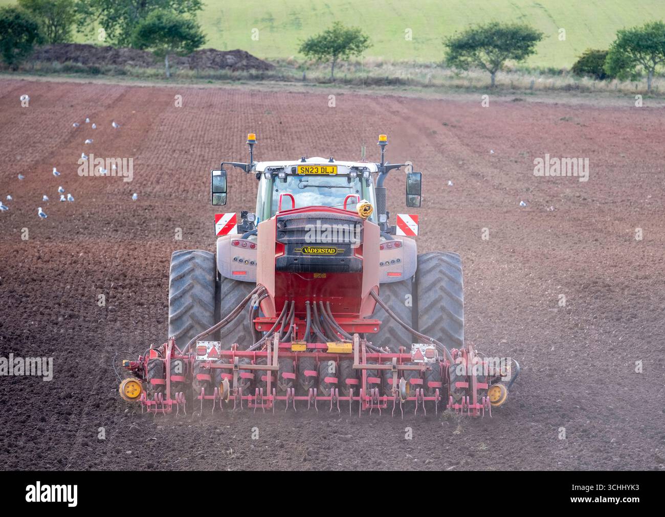 Tracteur hersant un champ pour briser le sol avant la culture près de Lauder, Scottish Borders, Royaume-Uni Banque D'Images