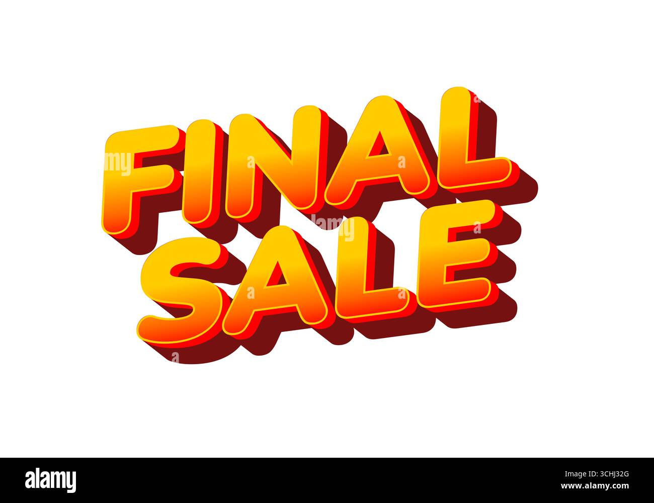 Texte orange jaune gras lisant la VENTE FINALE avec une forte ombre 3D sur fond blanc, contraste élevé, graphique de vente au détail Illustration de Vecteur
