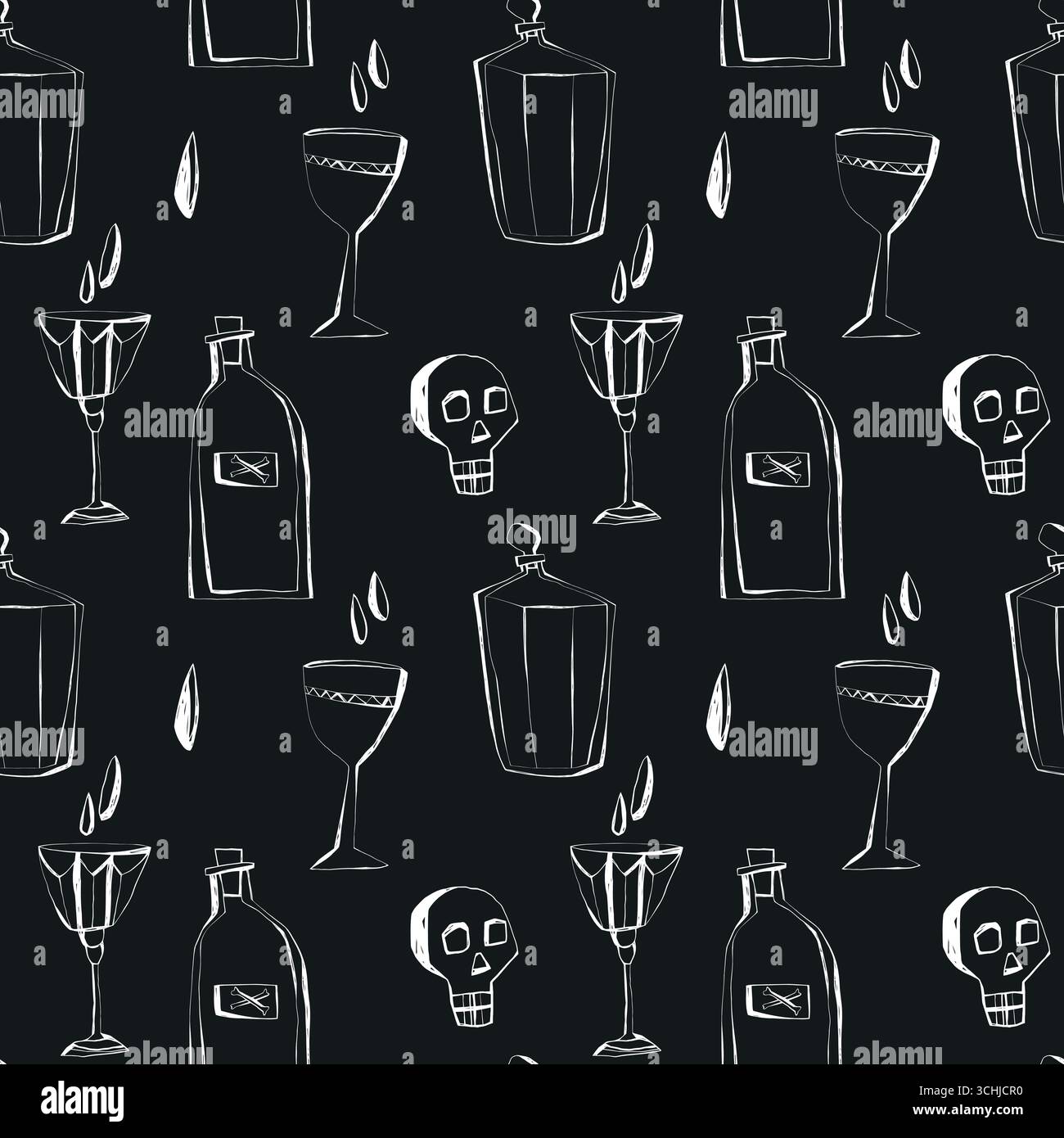 Modèle d'halloween sans couture avec des verres de bouteilles de crânes et des bougies entourés en blanc sur fond noir pour des conceptions de fête effrayantes Illustration de Vecteur