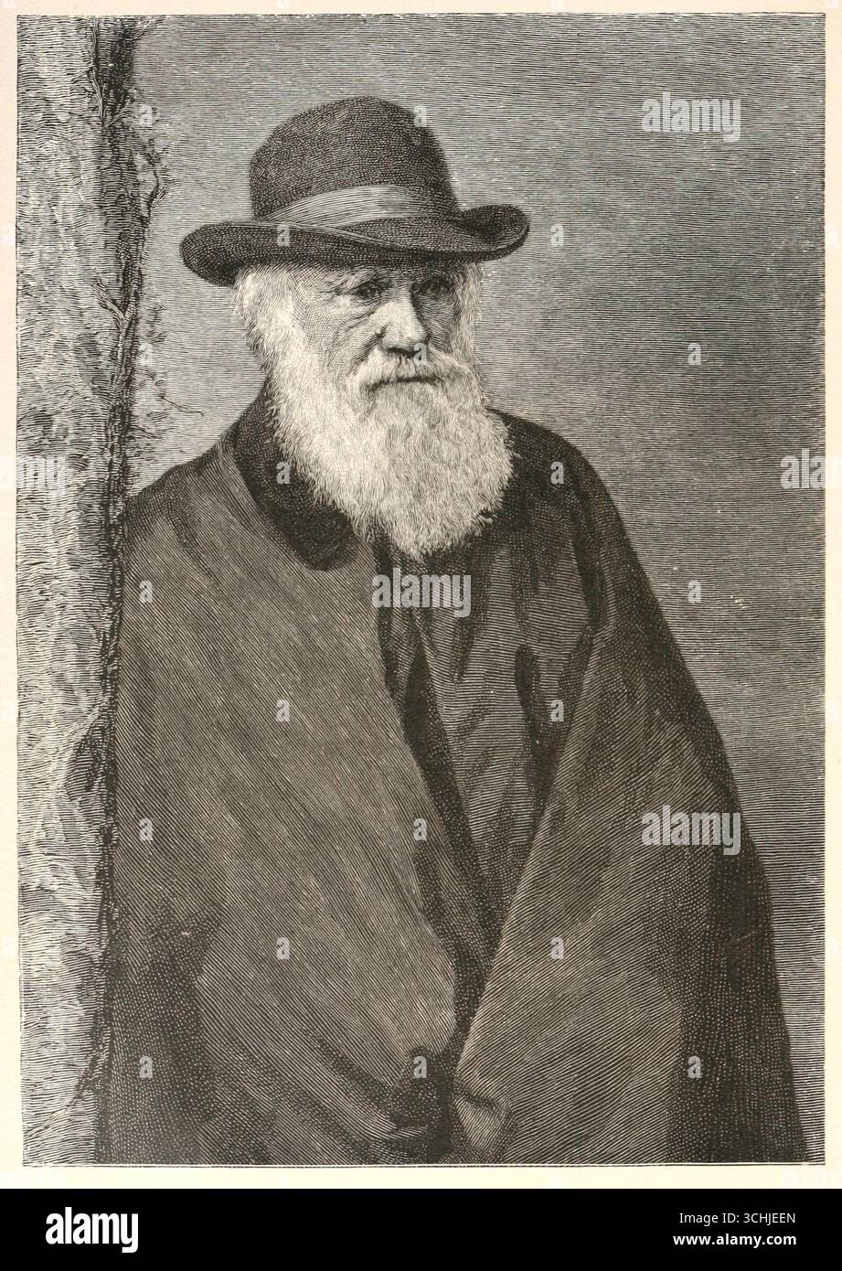 Dessin au trait gravé de Charles Darwin, adapté d'une photographie, publié dans Life and Letters of Charles Darwin, volume 2, édité par Francis Darwin (1891). Banque D'Images