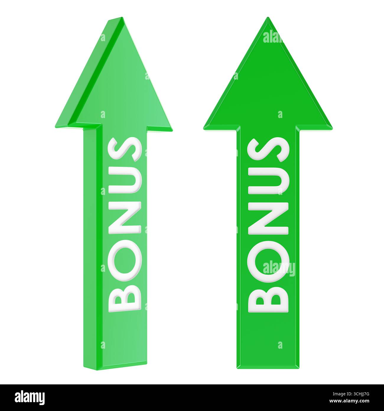 Flèches bonus vertes pointant vers le haut. Vues de face et de côté. Rendu 3D isolé sur fond blanc Banque D'Images